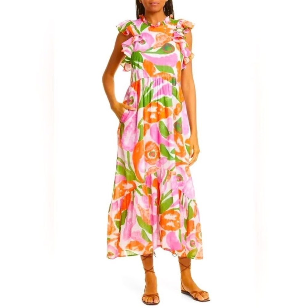 Banjanan Hannah Ruffle Midi Dress Vibrant Floral Womens Size M